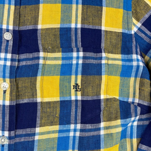 Lauren Ralph Lauren Womens 1X Linen Plaid Button Down Shirt Yellow Blue LRL - Picture 4 of 6